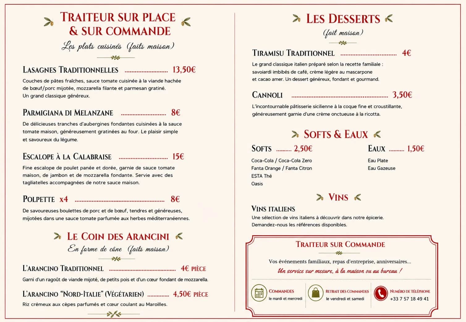 Carte du traiteur Casa n'do